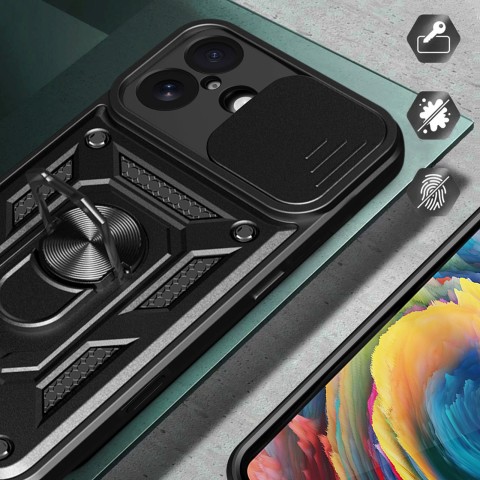 
„Hybrid Armor Camshield“ šarvinis dėklas su stovu ir kameros skydeliu, skirtas „iPhone 17“ – juodas
