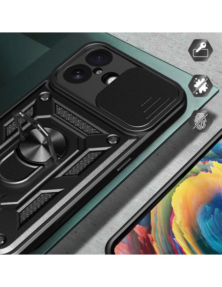 
„Hybrid Armor Camshield“ šarvinis dėklas su stovu ir kameros skydeliu, skirtas „iPhone 17“ – juodas
