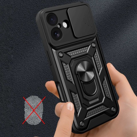
„Hybrid Armor Camshield“ šarvinis dėklas su stovu ir kameros skydeliu, skirtas „iPhone 17“ – juodas
