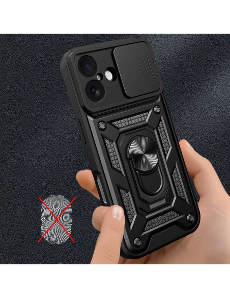 
„Hybrid Armor Camshield“ šarvinis dėklas su stovu ir kameros skydeliu, skirtas „iPhone 17“ – juodas
