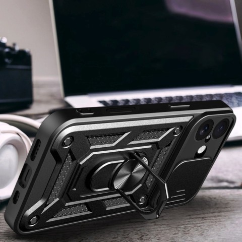 
„Hybrid Armor Camshield“ šarvinis dėklas su stovu ir kameros skydeliu, skirtas „iPhone 17“ – juodas
