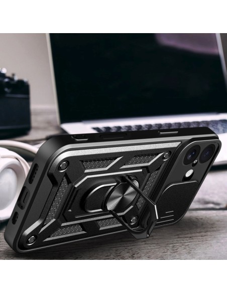 
„Hybrid Armor Camshield“ šarvinis dėklas su stovu ir kameros skydeliu, skirtas „iPhone 17“ – juodas
