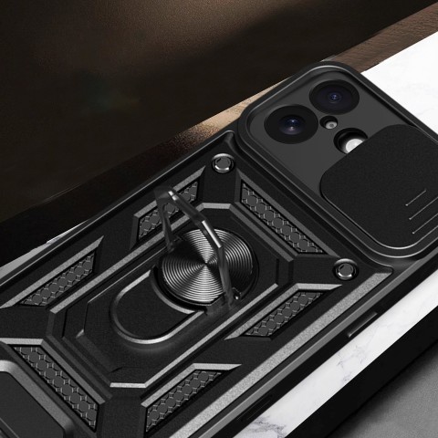 
„Hybrid Armor Camshield“ šarvinis dėklas su stovu ir kameros skydeliu, skirtas „iPhone 17“ – juodas
