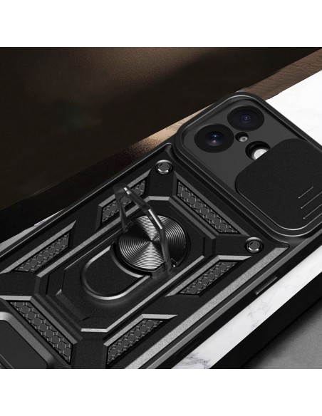 
„Hybrid Armor Camshield“ šarvinis dėklas su stovu ir kameros skydeliu, skirtas „iPhone 17“ – juodas
