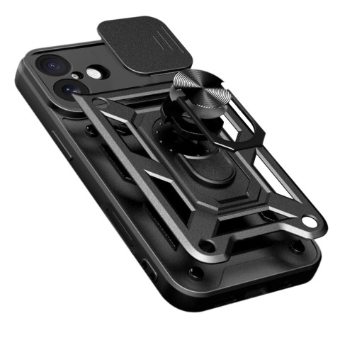 
„Hybrid Armor Camshield“ šarvinis dėklas su stovu ir kameros skydeliu, skirtas „iPhone 17“ – juodas
