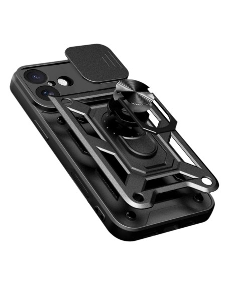 
„Hybrid Armor Camshield“ šarvinis dėklas su stovu ir kameros skydeliu, skirtas „iPhone 17“ – juodas
