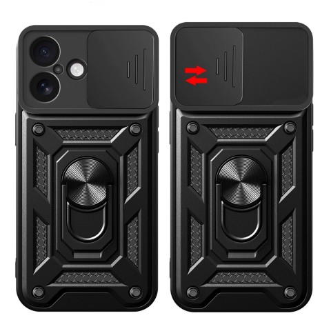 
„Hybrid Armor Camshield“ šarvinis dėklas su stovu ir kameros skydeliu, skirtas „iPhone 17“ – juodas

