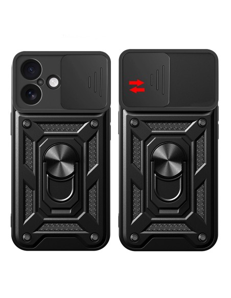 
„Hybrid Armor Camshield“ šarvinis dėklas su stovu ir kameros skydeliu, skirtas „iPhone 17“ – juodas
