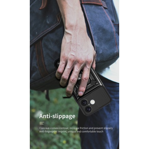 
„Hybrid Armor Camshield“ šarvinis dėklas su stovu ir kameros skydeliu, skirtas „iPhone 17“ – juodas
