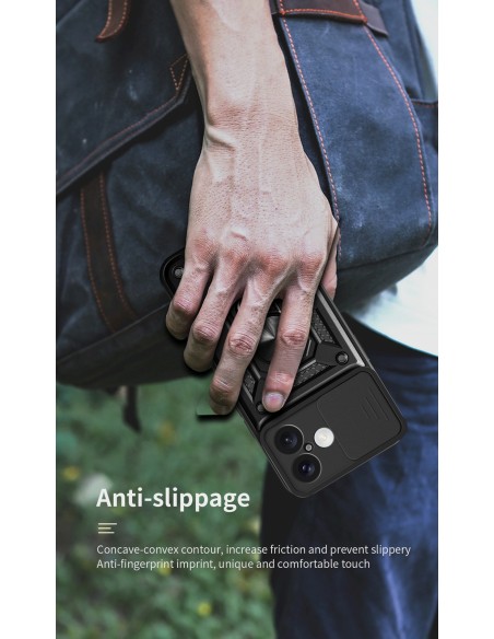 
„Hybrid Armor Camshield“ šarvinis dėklas su stovu ir kameros skydeliu, skirtas „iPhone 17“ – juodas
