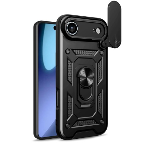 
„Armor Camshield“ dėklas su stovu ir kameros skydeliu, skirtas „iPhone 17 Air Hybrid Armor“ – juodas
