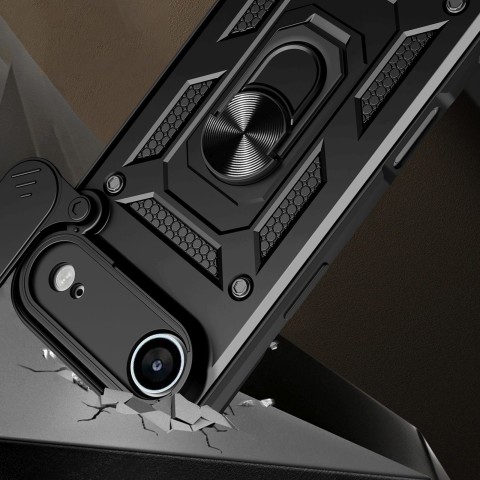 
„Armor Camshield“ dėklas su stovu ir kameros skydeliu, skirtas „iPhone 17 Air Hybrid Armor“ – juodas
