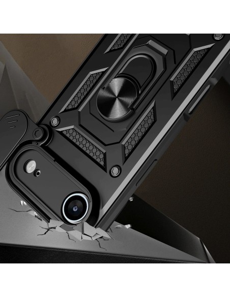 
„Armor Camshield“ dėklas su stovu ir kameros skydeliu, skirtas „iPhone 17 Air Hybrid Armor“ – juodas
