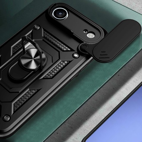 
„Armor Camshield“ dėklas su stovu ir kameros skydeliu, skirtas „iPhone 17 Air Hybrid Armor“ – juodas
