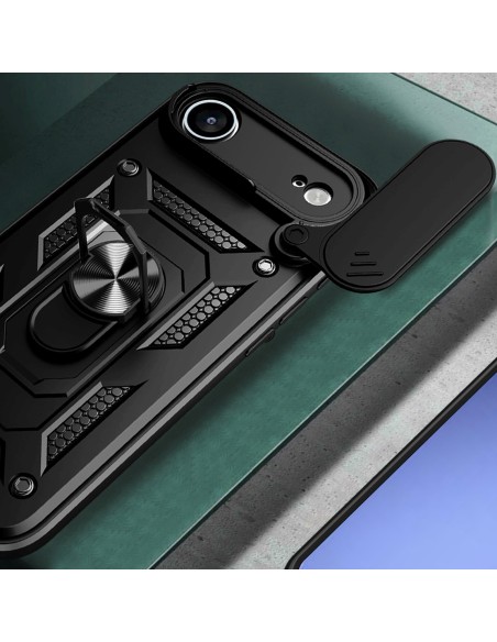 
„Armor Camshield“ dėklas su stovu ir kameros skydeliu, skirtas „iPhone 17 Air Hybrid Armor“ – juodas
