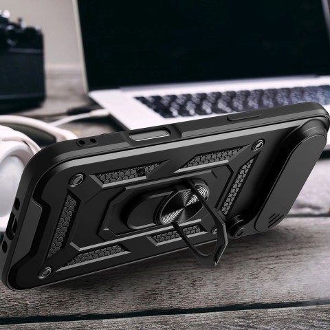 
„Armor Camshield“ dėklas su stovu ir kameros skydeliu, skirtas „iPhone 17 Air Hybrid Armor“ – juodas
