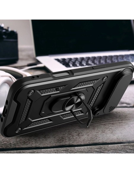 
„Armor Camshield“ dėklas su stovu ir kameros skydeliu, skirtas „iPhone 17 Air Hybrid Armor“ – juodas
