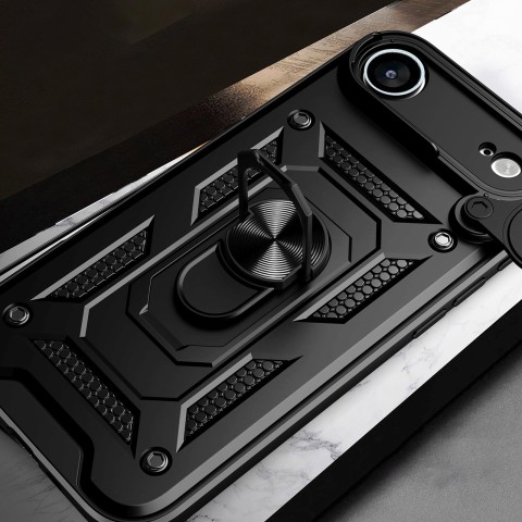 
„Armor Camshield“ dėklas su stovu ir kameros skydeliu, skirtas „iPhone 17 Air Hybrid Armor“ – juodas
