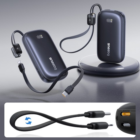 
10000mAh 22,5W išorinė baterija su ekranu ir nuimamu laidu - juoda
