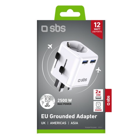 
JK, JAV, Australija, Azija, ES, USB-A kelioninis maitinimo adapteris – baltas
