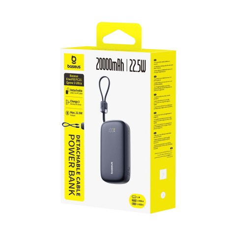
20000mAh 22,5W išorinė baterija su ekranu ir laidu „EnerFill FC21 Qpow 3 Ultra“ - juoda
