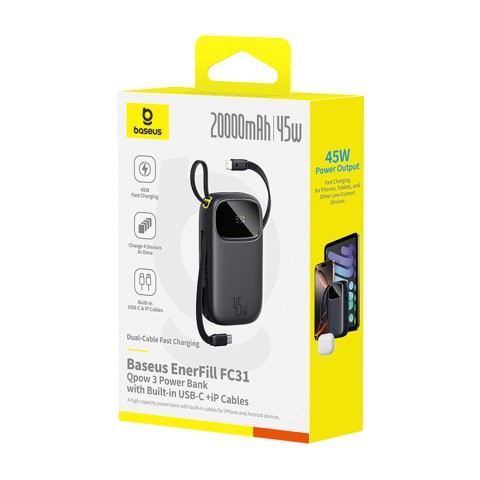 
„EnerFill FC31“ 20000mAh 45W išorinė baterija su ekranu ir USB-C „Lightning“ laidu – juoda
