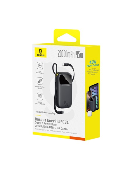 
„EnerFill FC31“ 20000mAh 45W išorinė baterija su ekranu ir USB-C „Lightning“ laidu – juoda
