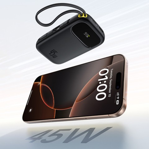 
„EnerFill FC31“ 20000mAh 45W išorinė baterija su ekranu ir USB-C „Lightning“ laidu – juoda
