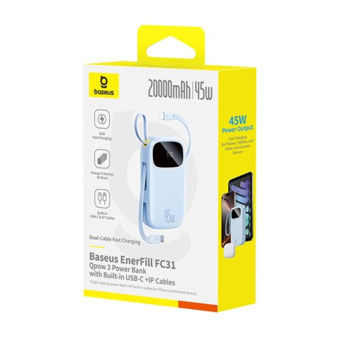 
„EnerFill FC31“ 20000mAh 45W nešiojama baterija su ekranu ir USB-C „Lightning“ laidu – mėlyna
