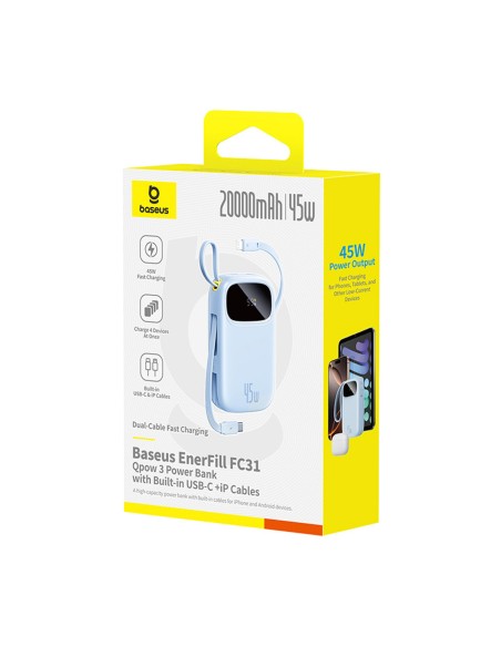 
„EnerFill FC31“ 20000mAh 45W nešiojama baterija su ekranu ir USB-C „Lightning“ laidu – mėlyna
