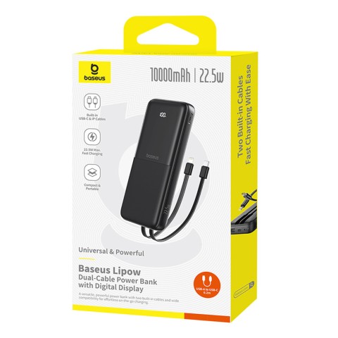 
10000mAh 22,5W išorinė baterija su ekranu, USB-C laidais, „iPhone Lightning Lipow“ – juoda
