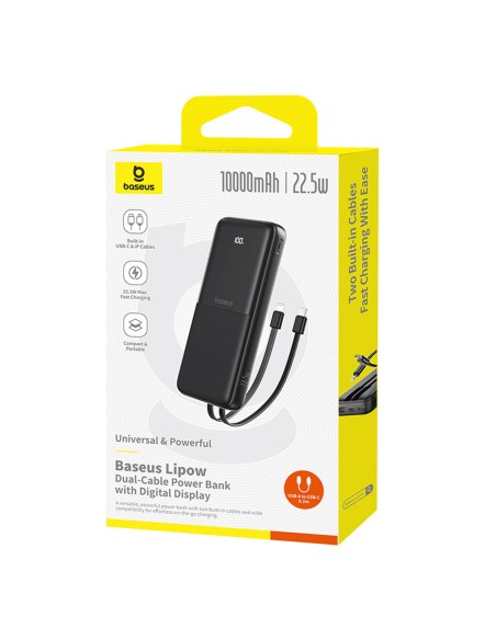 
10000mAh 22,5W išorinė baterija su ekranu, USB-C laidais, „iPhone Lightning Lipow“ – juoda
