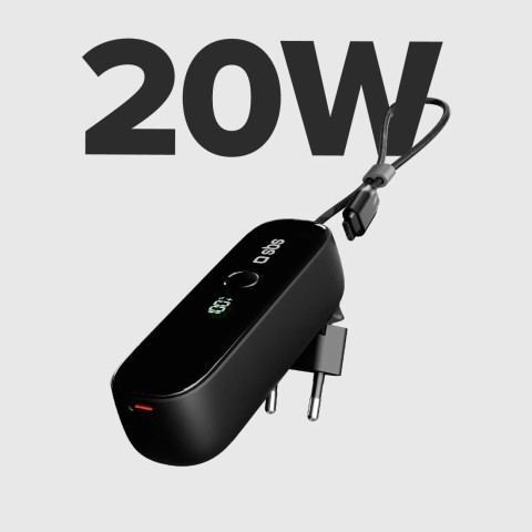
5000 mAh išorinė baterija su įmontuotu laidu ir sulankstomu PD kištuku, 20 W - juoda
