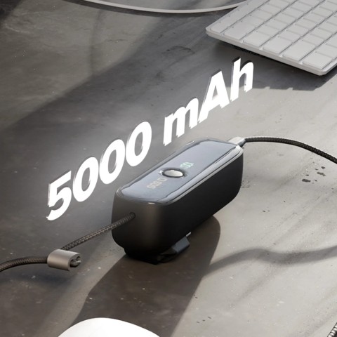 
5000 mAh išorinė baterija su įmontuotu laidu ir sulankstomu PD kištuku, 20 W - juoda
