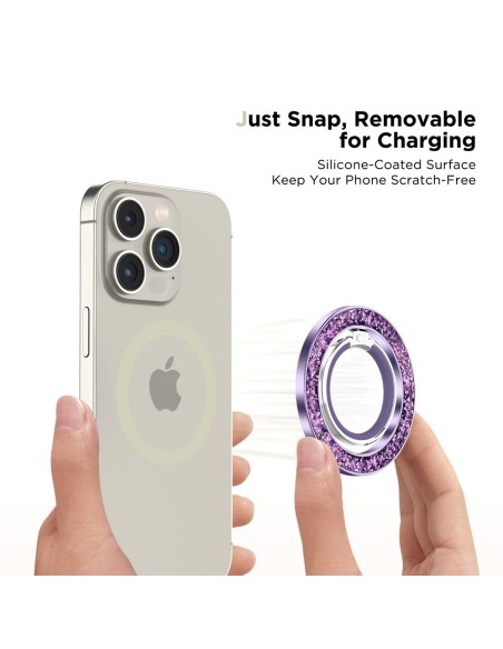 
Magnetinis žiedo formos laikiklis išmaniajam telefonui ant piršto „MagSafe“ – violetinis su kristalais
