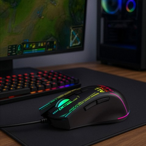 
Laidinė optinė žaidimų pelė, su foniniu apšvietimu, 7 mygtukais, 7200 DPI RGB - juoda
