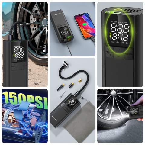 
Kompresorius, elektrinis siurblys, išorinė baterija, žibintuvėlis, 150 PSI, 8000mAh - juodas
