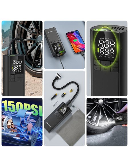 
Kompresorius, elektrinis siurblys, išorinė baterija, žibintuvėlis, 150 PSI, 8000mAh - juodas
