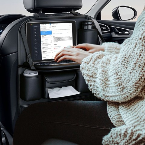 
Automobilio sėdynės organizatorius su lentyna ir kišenėmis - juodas
