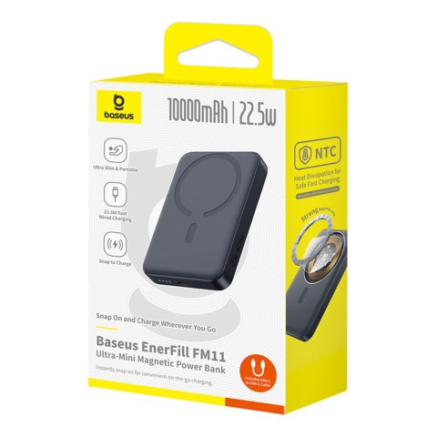 
„EnerFill FM11 Ultra-Mini MagSafe“ išorinė baterija, 10000 mAh, 22,5 W, su USB-C laidu – juoda
