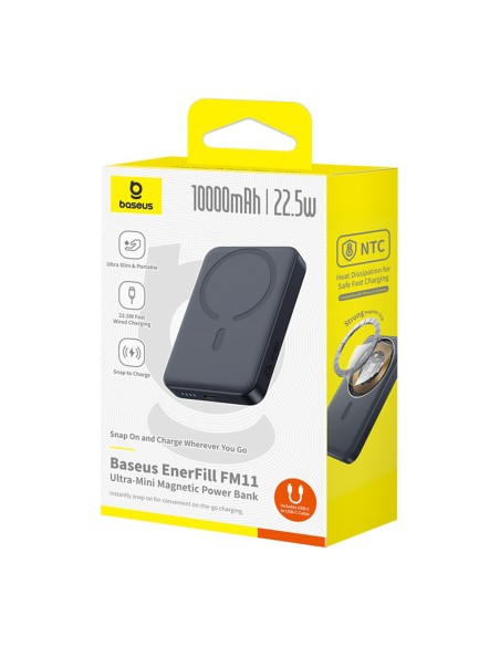 
„EnerFill FM11 Ultra-Mini MagSafe“ išorinė baterija, 10000 mAh, 22,5 W, su USB-C laidu – juoda
