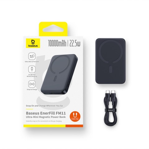 
„EnerFill FM11 Ultra-Mini MagSafe“ išorinė baterija, 10000 mAh, 22,5 W, su USB-C laidu – juoda
