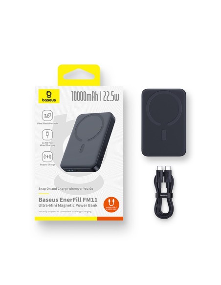 
„EnerFill FM11 Ultra-Mini MagSafe“ išorinė baterija, 10000 mAh, 22,5 W, su USB-C laidu – juoda
