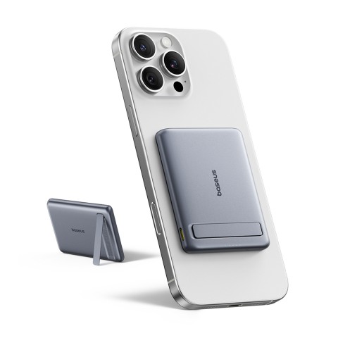 
Itin plonas 5000 mAh talpos išorinis akumuliatorius su stovu ir „PicoGo AM31 Qi2 MagSafe 20W“ laidu – pilkas
