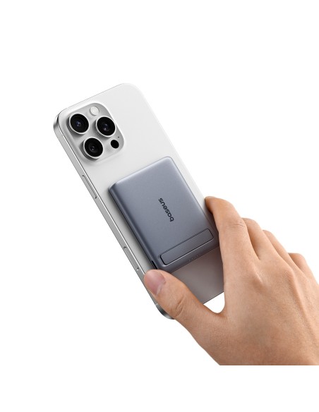
Itin plonas 5000 mAh talpos išorinis akumuliatorius su stovu ir „PicoGo AM31 Qi2 MagSafe 20W“ laidu – pilkas
