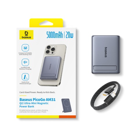 
Itin plonas 5000 mAh talpos išorinis akumuliatorius su stovu ir „PicoGo AM31 Qi2 MagSafe 20W“ laidu – pilkas
