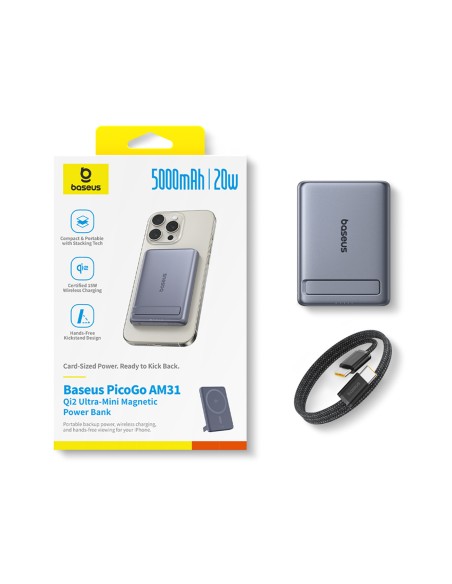 
Itin plonas 5000 mAh talpos išorinis akumuliatorius su stovu ir „PicoGo AM31 Qi2 MagSafe 20W“ laidu – pilkas
