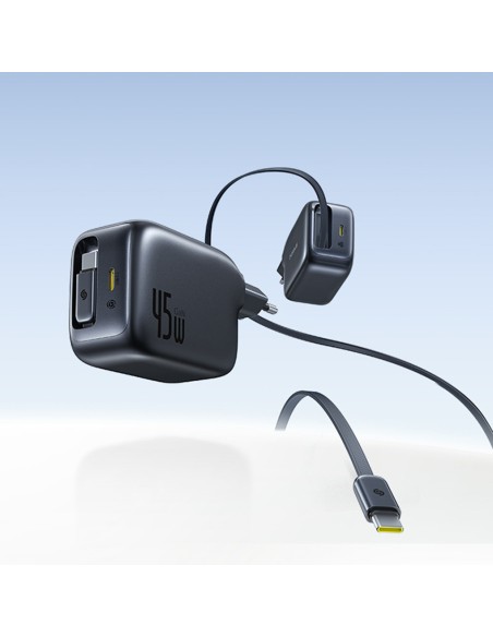 
„EnerCore CJ11“ 45 W USB-C sieninis įkroviklis su ištraukiamu USB-C laidu – juodas
