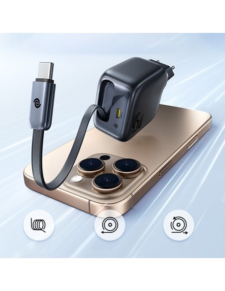 
„EnerCore CJ11“ 45 W USB-C sieninis įkroviklis su ištraukiamu USB-C laidu – juodas
