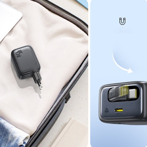 
„EnerCore CJ11“ 45 W USB-C sieninis įkroviklis su ištraukiamu USB-C laidu – juodas
